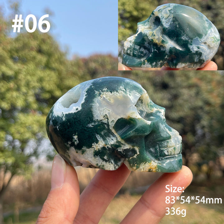 Unique,Natural Crystal Carving Moss Agate Skull