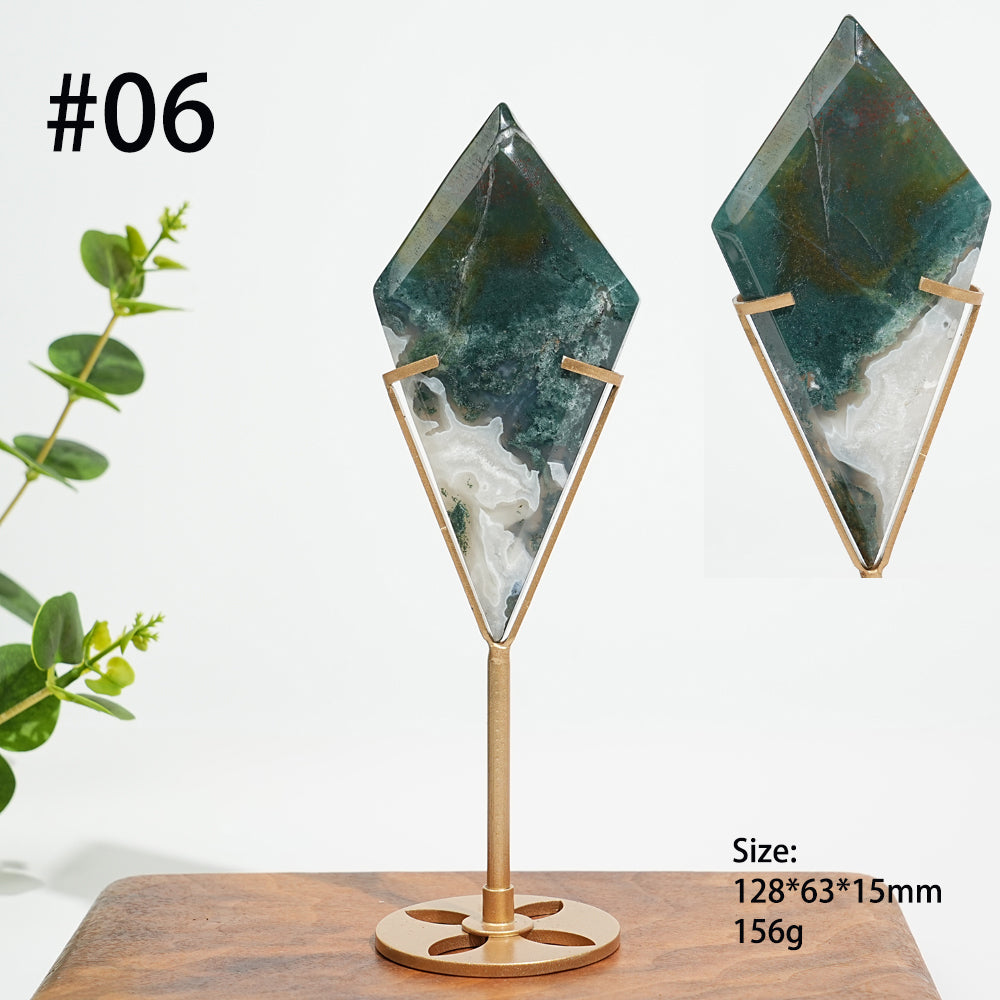 Unique,Natural Moss Agate Diamond Slice With Stand