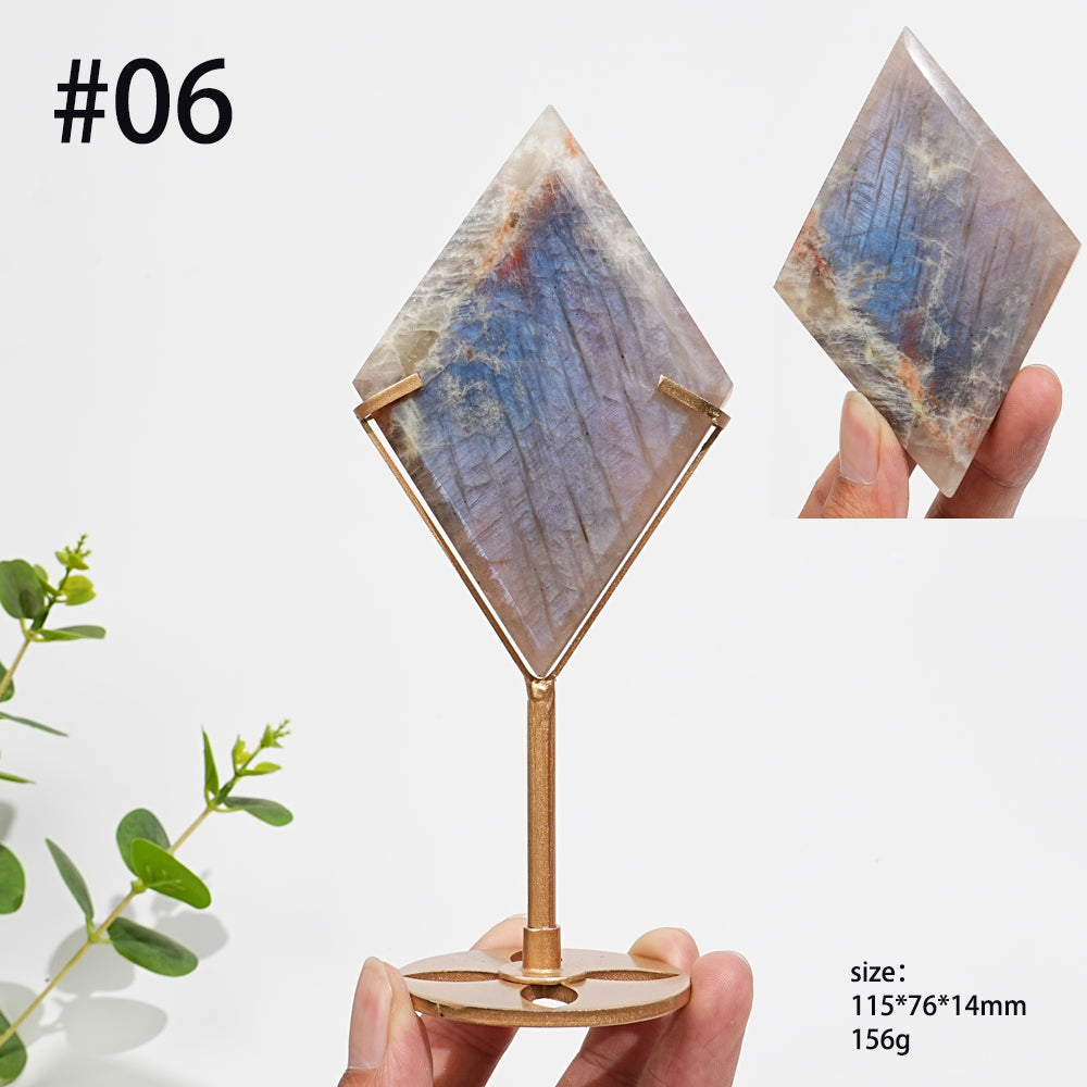 Unique,Natural Sunstone-Moonstone Diamond Slice With Stand