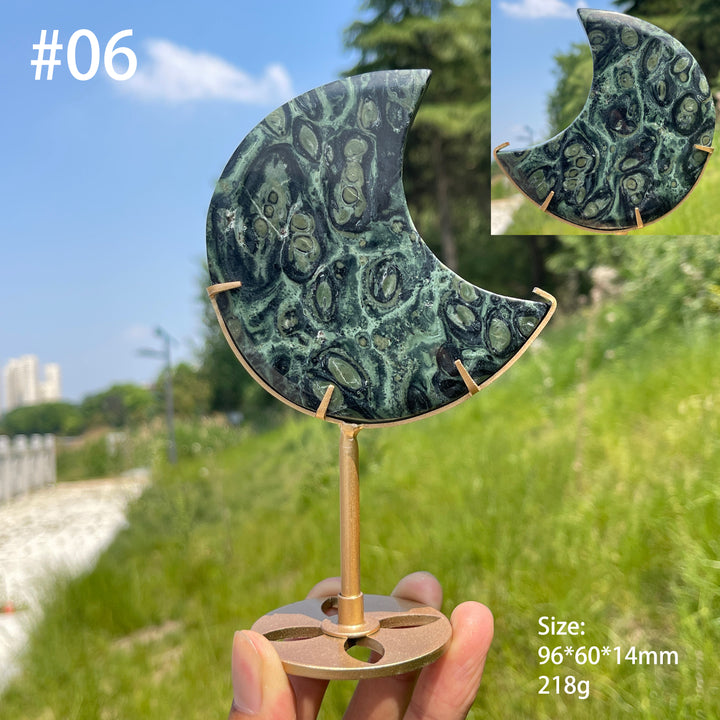 Unique,Natural Kambaba Jasper Crescent Moon Carving On Stand