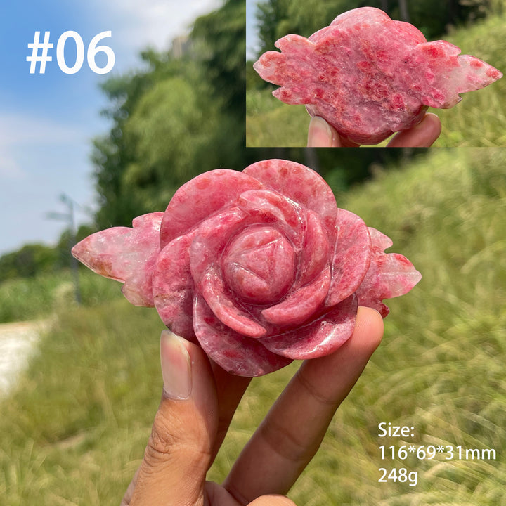 Unique,Natural Rhodonite In Quartz Peony Blossom Carving