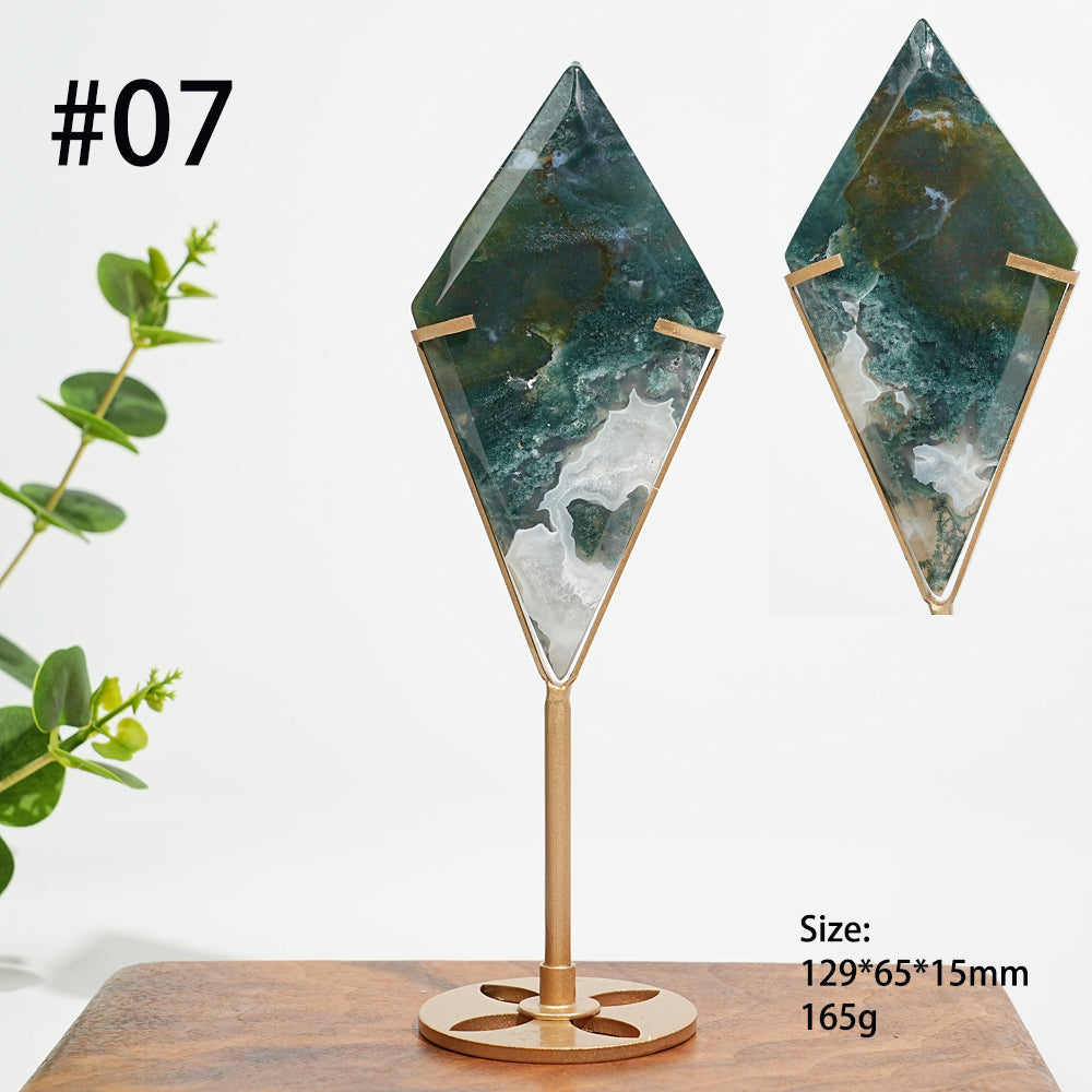 Unique,Natural Moss Agate Diamond Slice With Stand