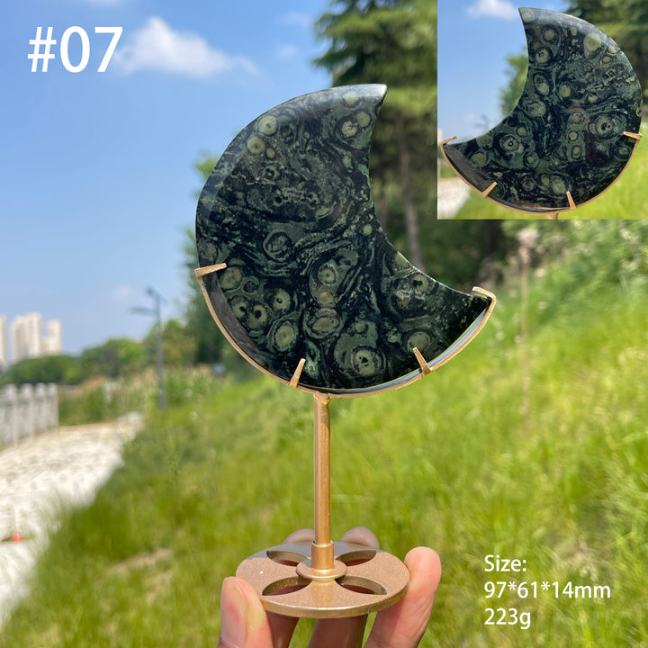 Unique,Natural Kambaba Jasper Crescent Moon Carving On Stand