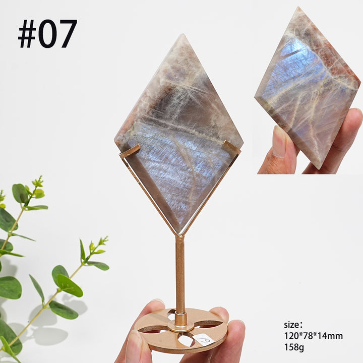 Unique,Natural Sunstone-Moonstone Diamond Slice With Stand
