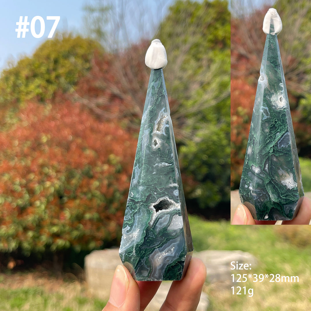 Unique,Natural Moss Agate Diamond Tower Crystal