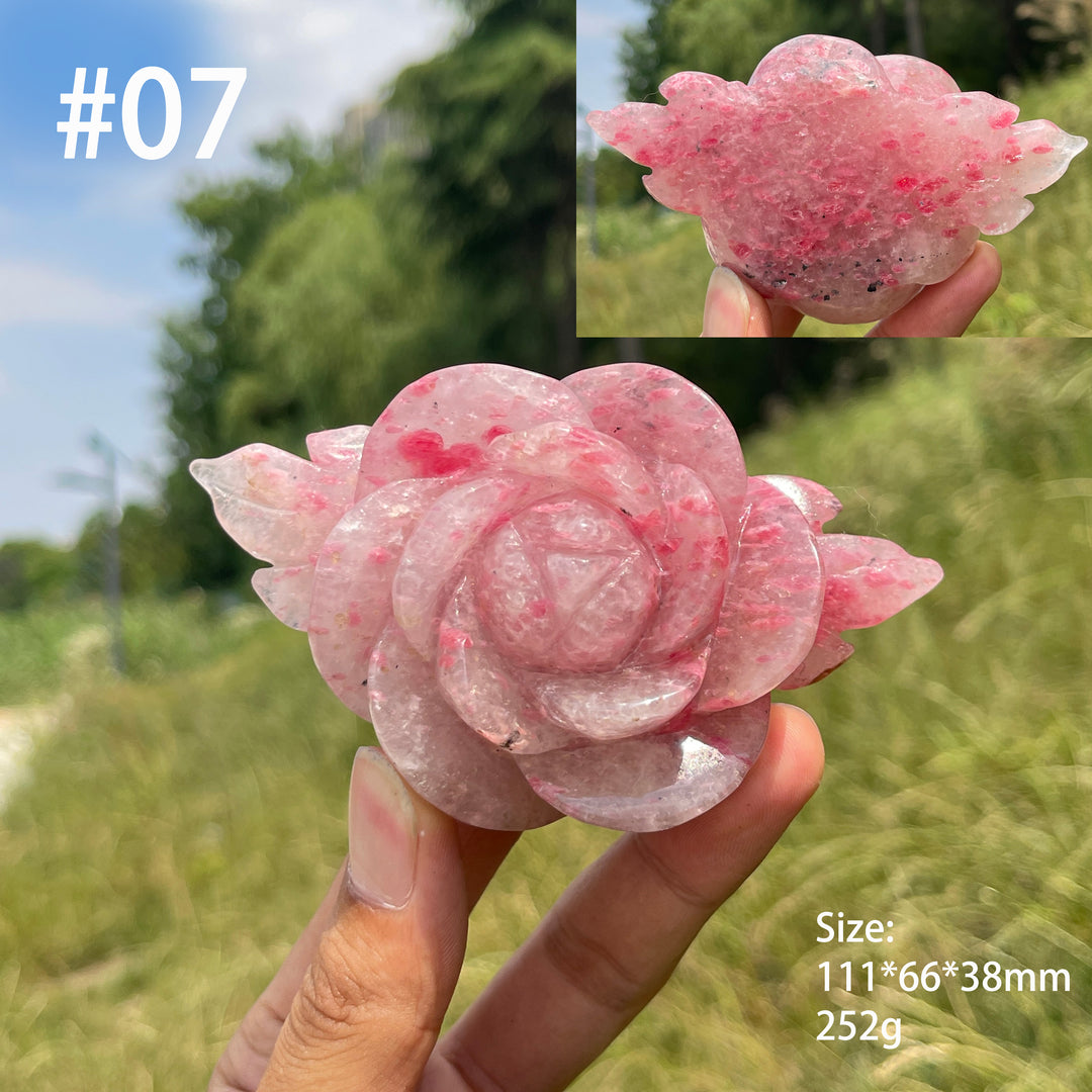 Unique,Natural Rhodonite In Quartz Peony Blossom Carving