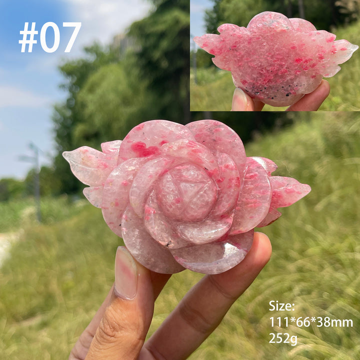 Unique,Natural Rhodonite In Quartz Peony Blossom Carving