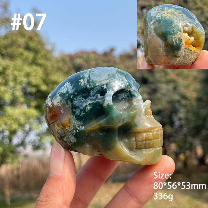 Unique,Natural Crystal Carving Moss Agate Skull