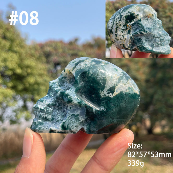 Unique,Natural Crystal Carving Moss Agate Skull