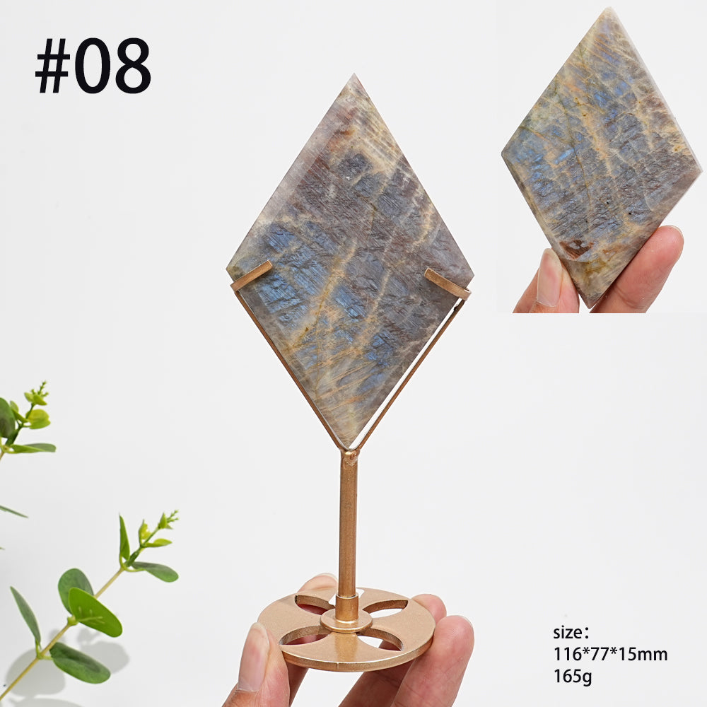 Unique,Natural Sunstone-Moonstone Diamond Slice With Stand