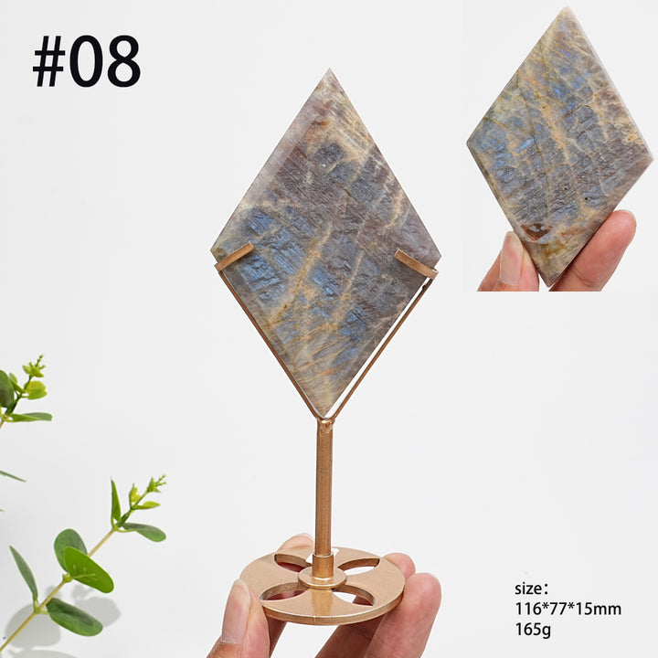 Unique,Natural Sunstone-Moonstone Diamond Slice With Stand