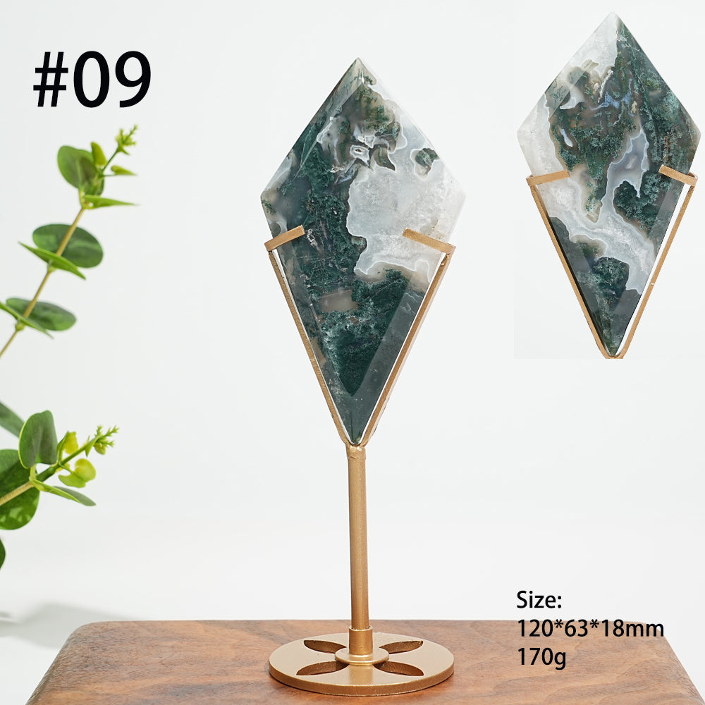 Unique,Natural Moss Agate Diamond Slice With Stand