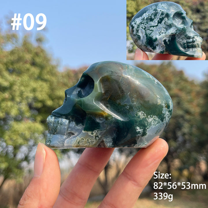 Unique,Natural Crystal Carving Moss Agate Skull