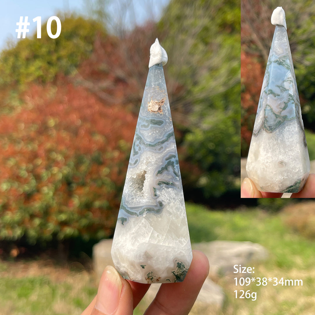 Unique,Natural Moss Agate Diamond Tower Crystal