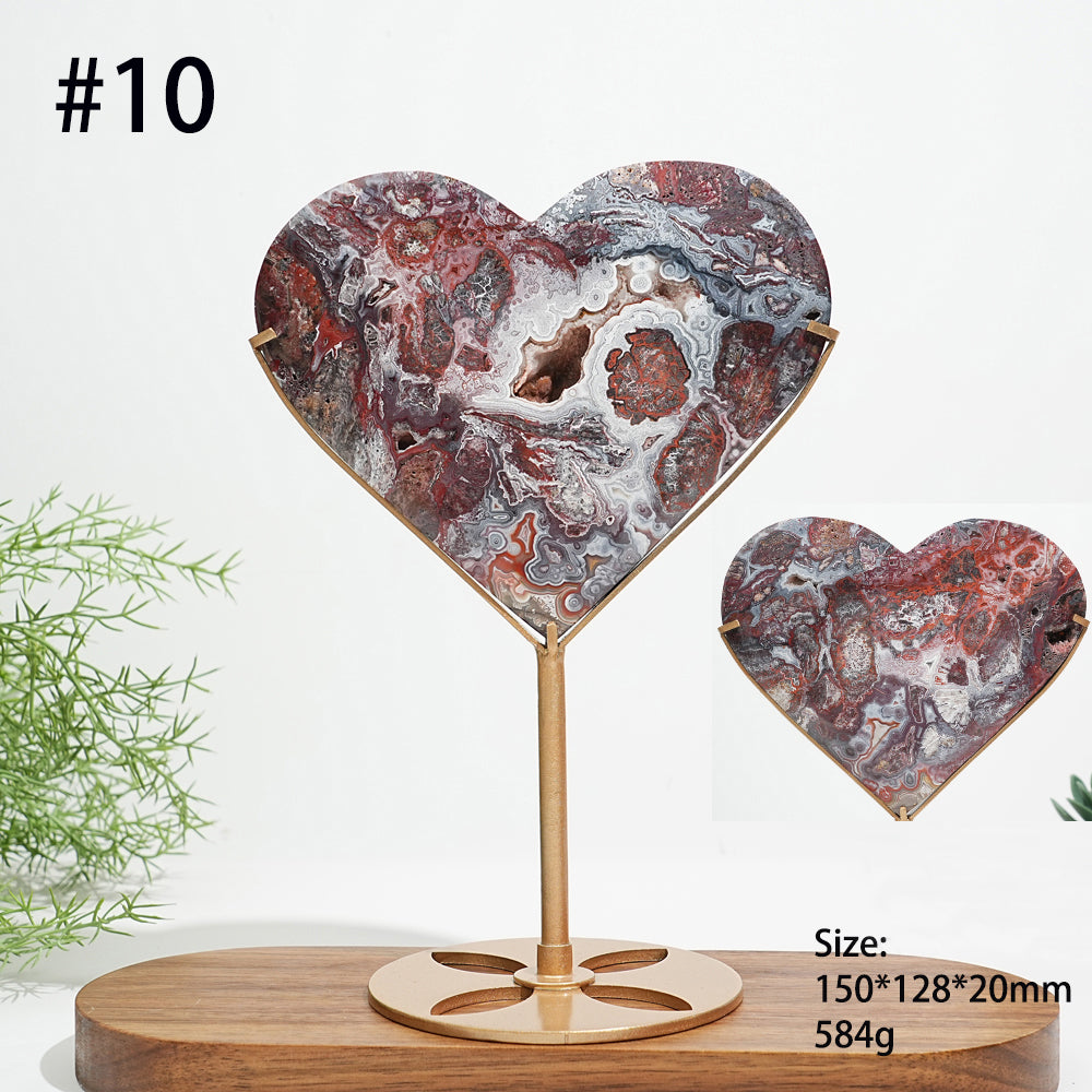 Unique,Natural Mexican Agate Crystal Heart On Stand