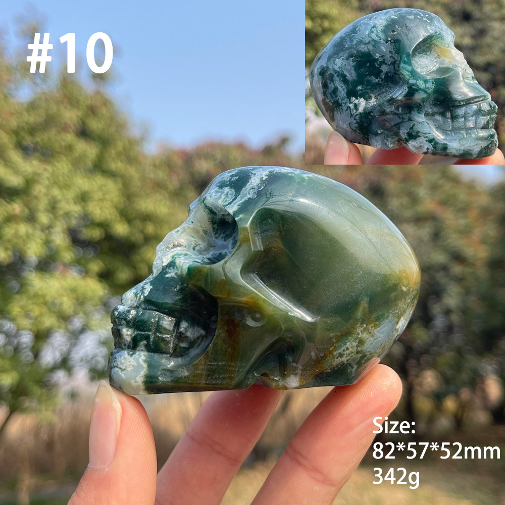Unique,Natural Crystal Carving Moss Agate Skull