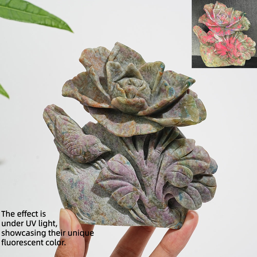 Unique,Natural Crystal Ruby In Kyanite And Fuchsite Flower With Bird Carving
