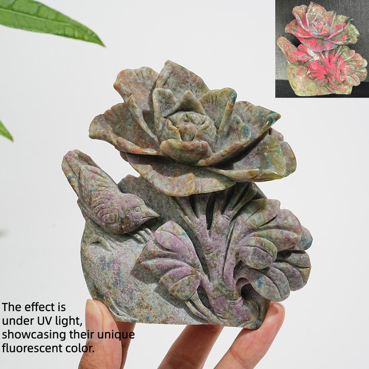 Unique,Natural Crystal Ruby In Kyanite And Fuchsite Flower With Bird Carving