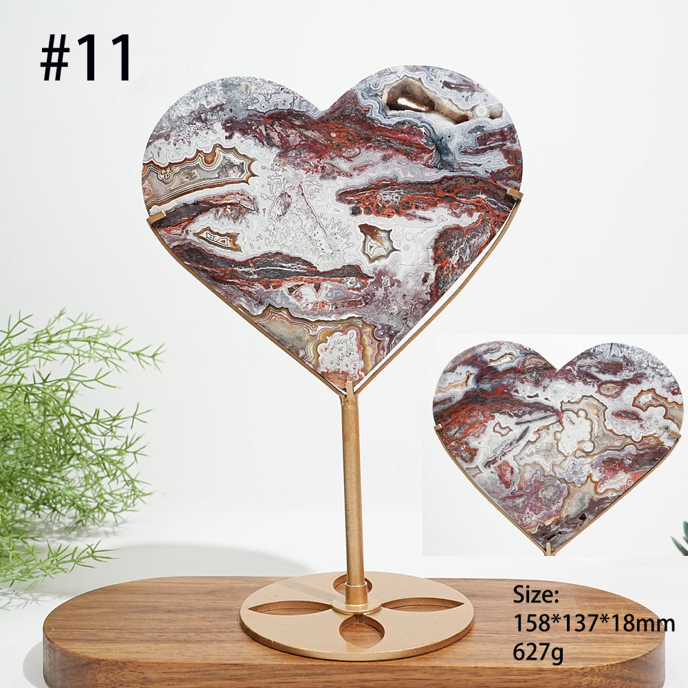 Unique,Natural Mexican Agate Crystal Heart On Stand