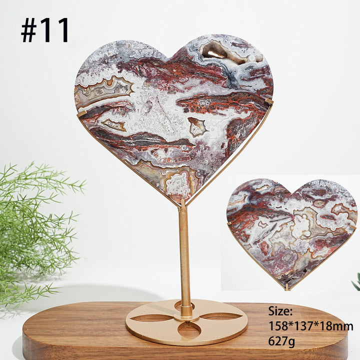 Unique,Natural Mexican Agate Crystal Heart On Stand