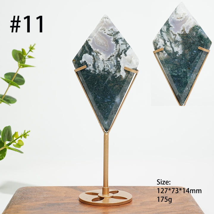 Unique,Natural Moss Agate Diamond Slice With Stand