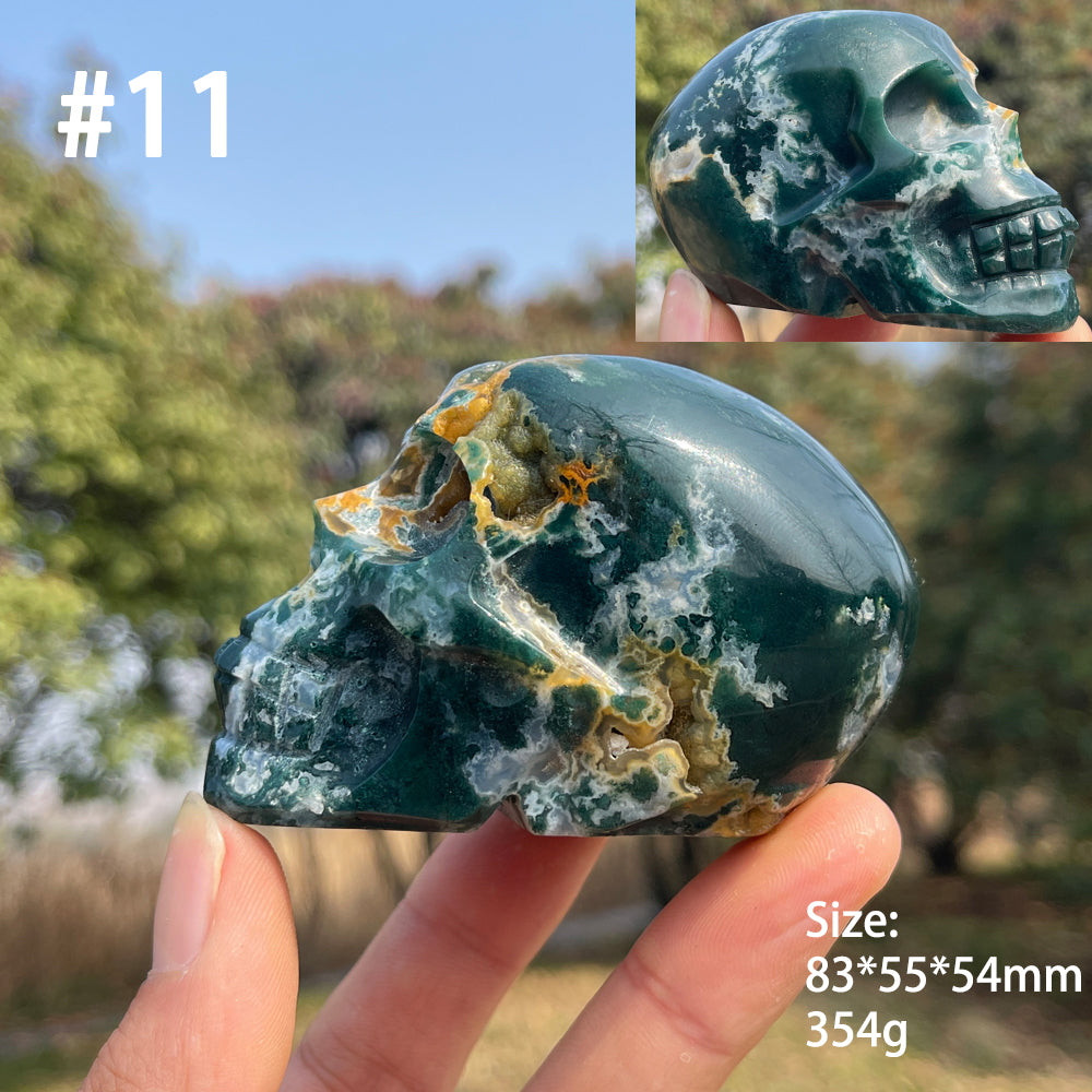 Unique,Natural Crystal Carving Moss Agate Skull