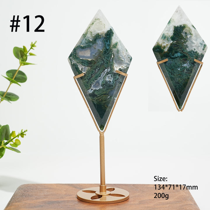 Unique,Natural Moss Agate Diamond Slice With Stand