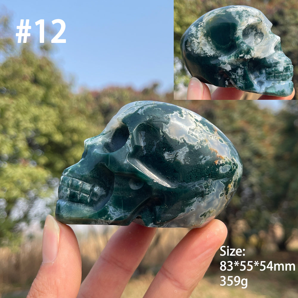 Unique,Natural Crystal Carving Moss Agate Skull