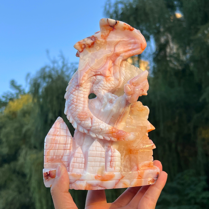 Unique Flower Agate Castle Dragon Carving