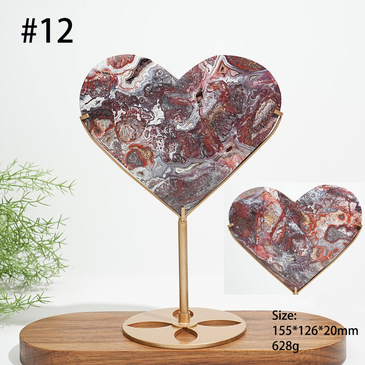 Unique,Natural Mexican Agate Crystal Heart On Stand