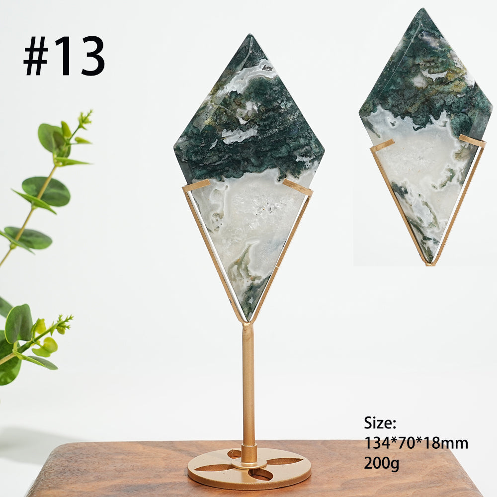 Unique,Natural Moss Agate Diamond Slice With Stand