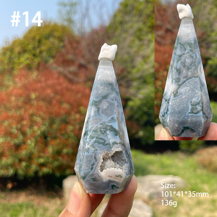 Unique,Natural Moss Agate Diamond Tower Crystal
