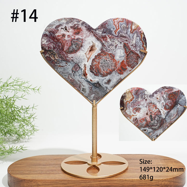 Unique,Natural Mexican Agate Crystal Heart On Stand