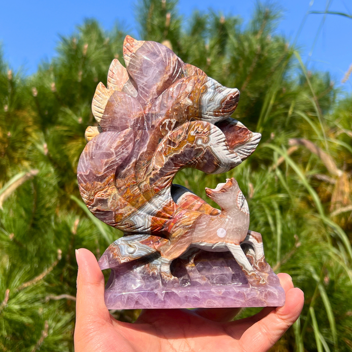 Unique Handmade Carving Amethyst Agate Nine-Tailed Fox