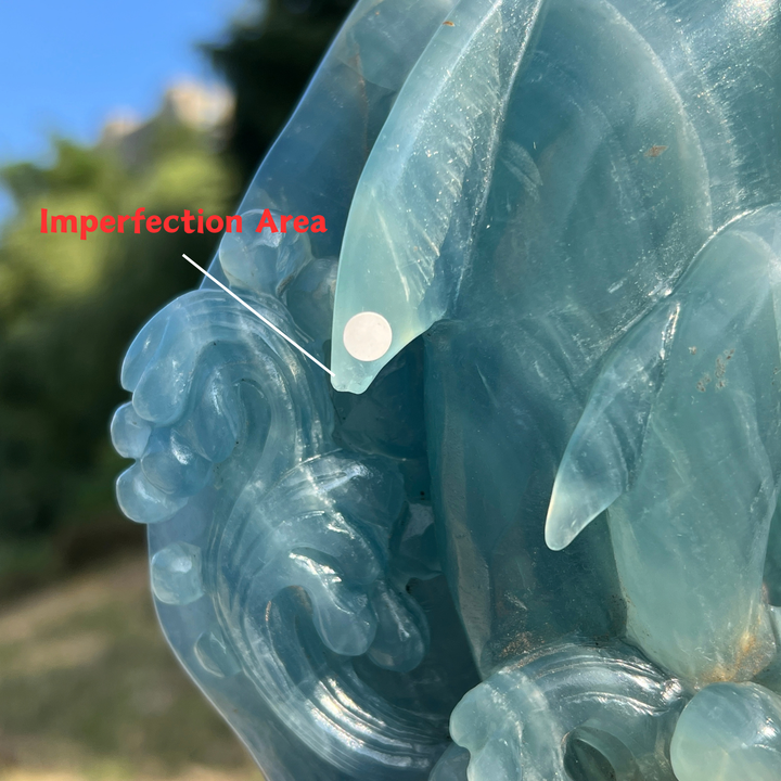 Unique,Imperfect Lemurian Aquatine Calcite Dolphin With Stand