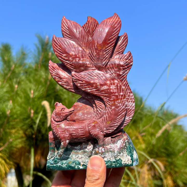 Unique Handmade Carving Ocean Jasper Nine-Tailed Fox
