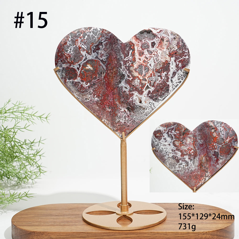 Unique,Natural Mexican Agate Crystal Heart On Stand