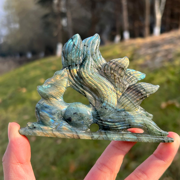 Unique Natural Labradorite Nine-Tailed Fox Carving
