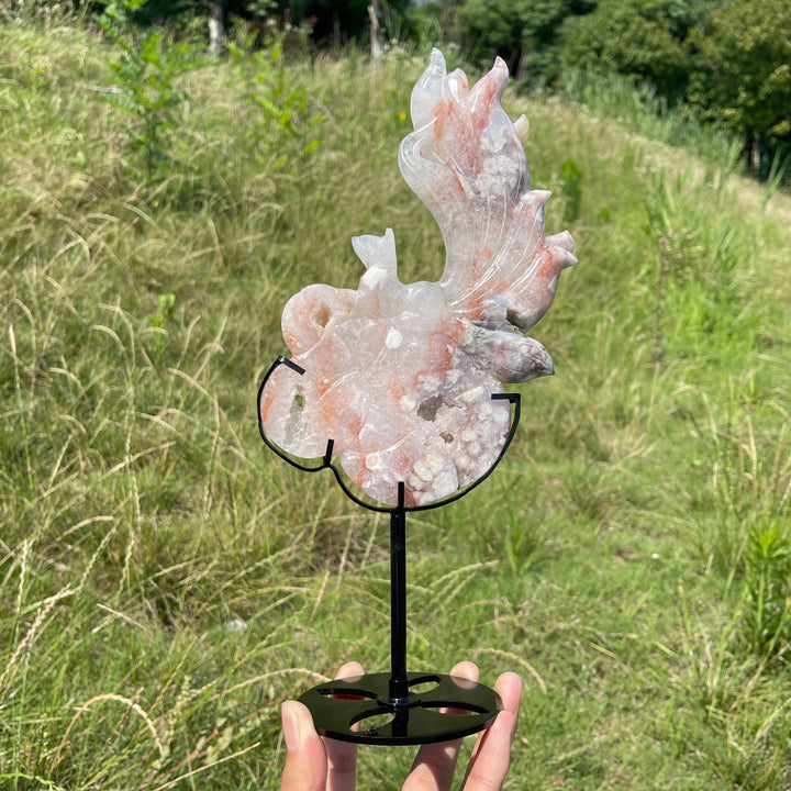 Unique,A Slightly Imperfect Natural Pink Amethyst Nine-Tailed Fox Carving With Stand