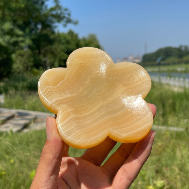 Unique,Natural Crystal Yellow Calcite Flower Bowl Carving
