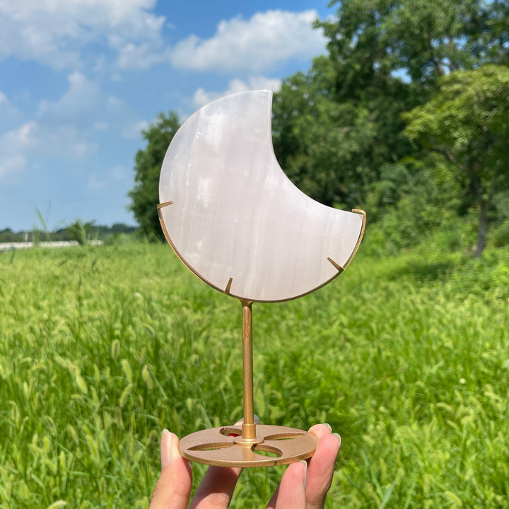 Unique,Natural Crystal Pink Calcite Moon With Stand