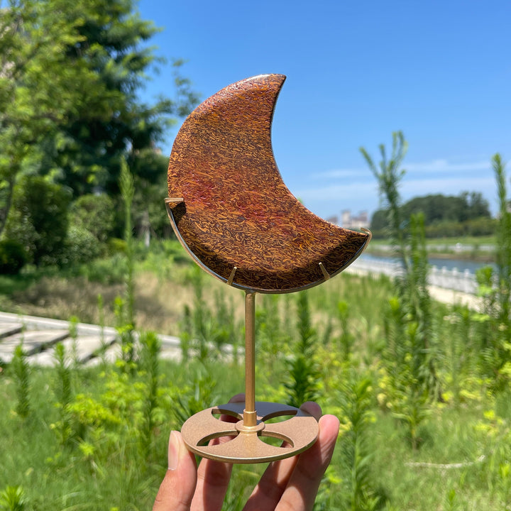 Unique,Natural Calligraphy Jasper Crescent Moon With Stand