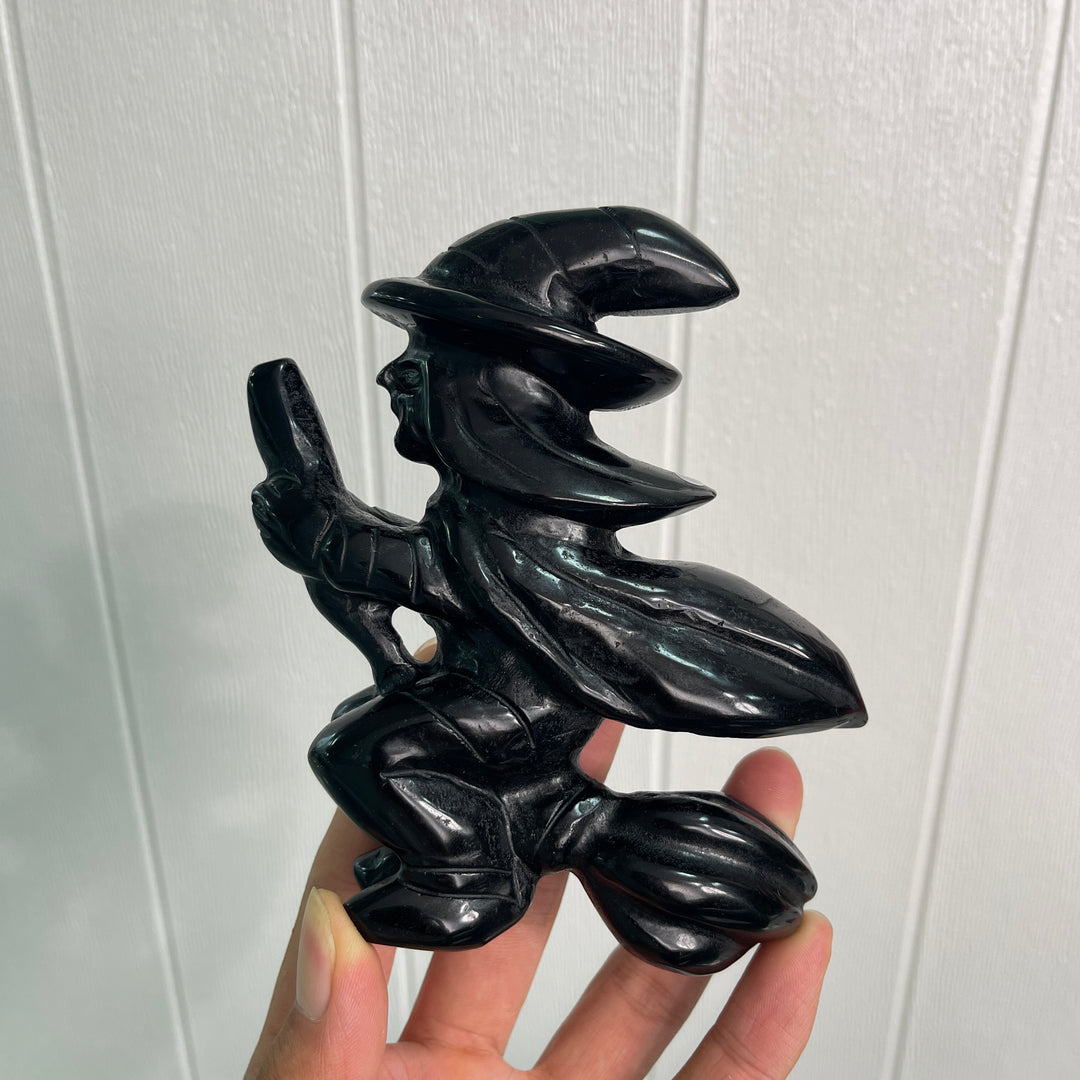 Unique,A Slightly Imperfect Natural Black Obsidian Witch On Broom Carving
