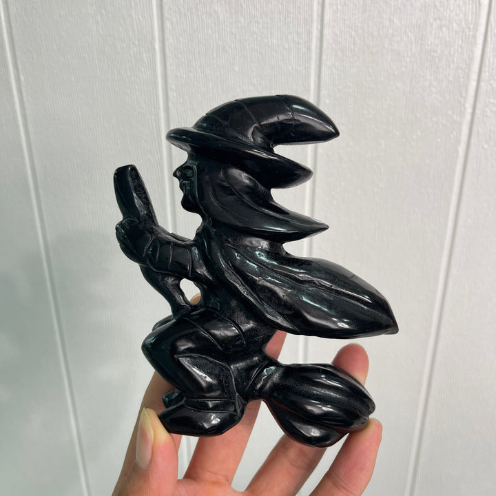 Unique,A Slightly Imperfect Natural Black Obsidian Witch On Broom Carving