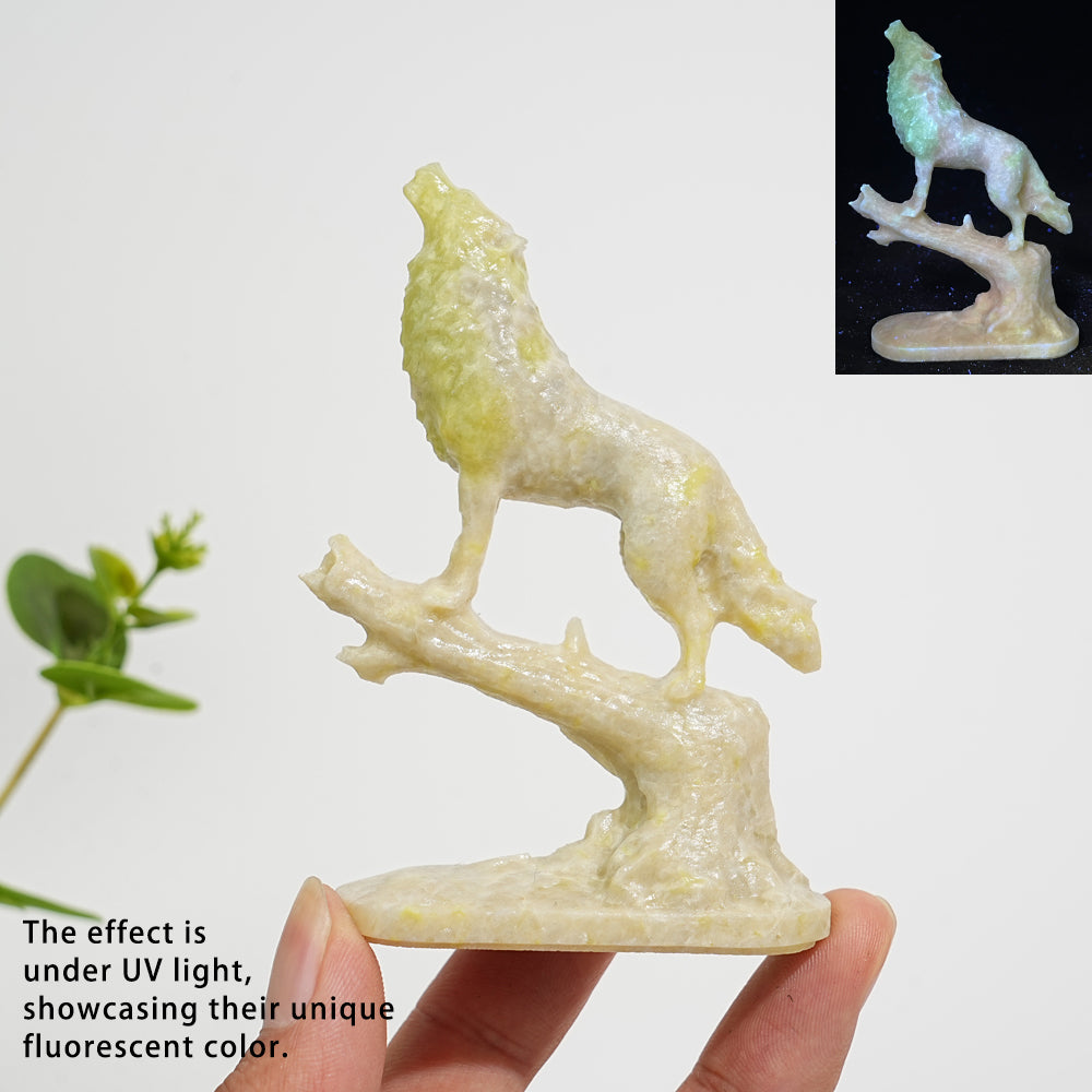 Natural Crystal Howling Wolf On Branch Carving