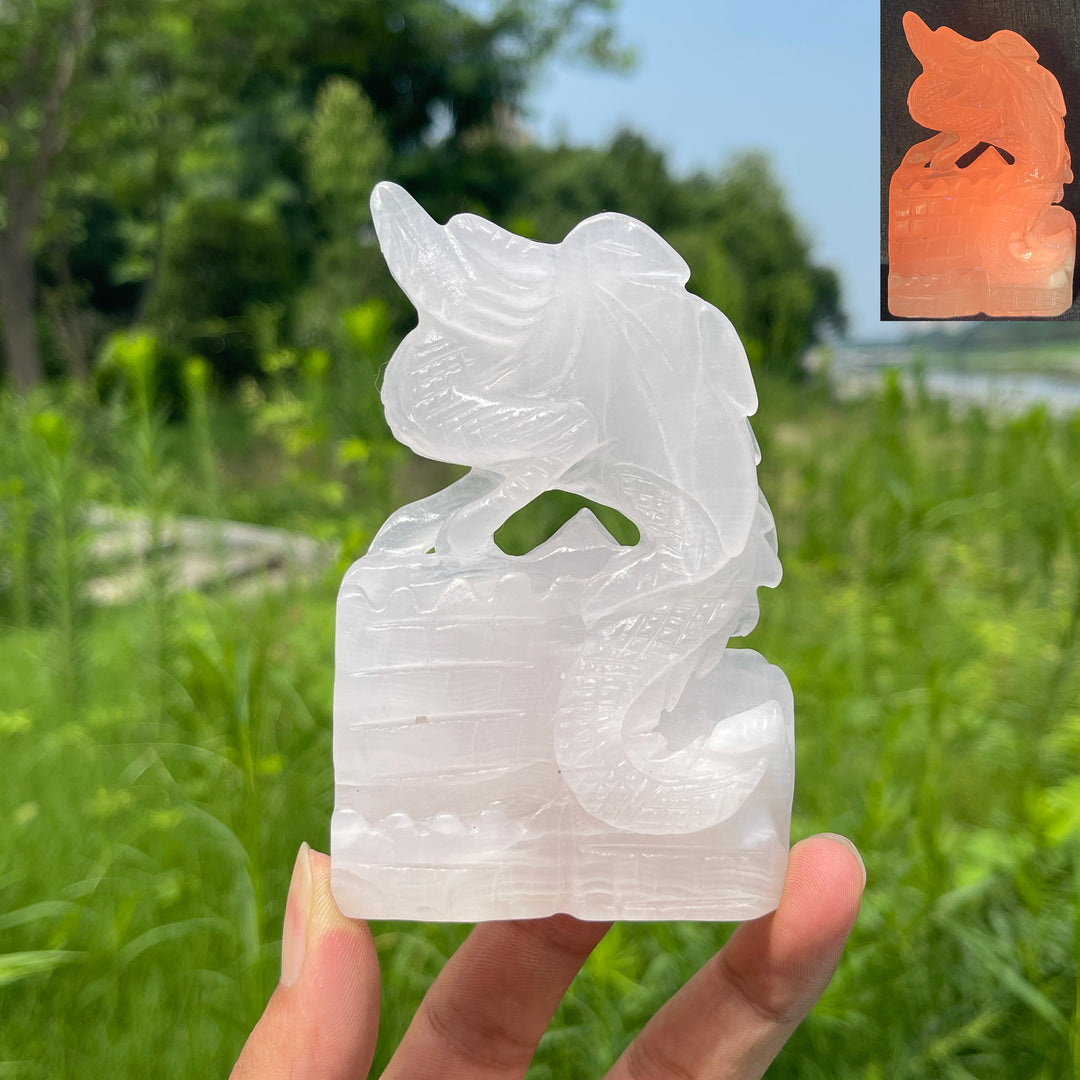 Natural Crystal Pink Calcite Flying Dragon Carving