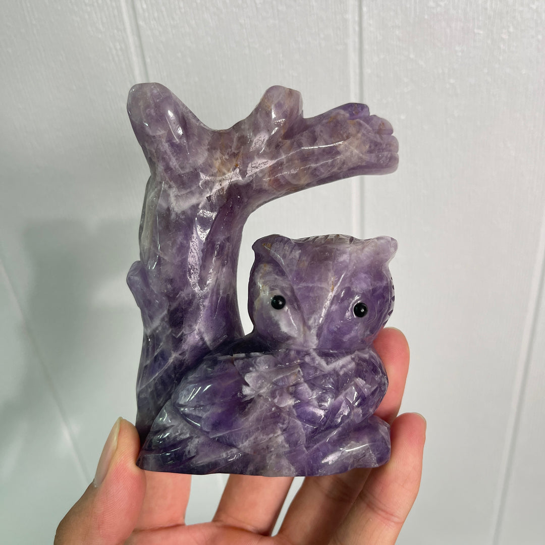 Unique,A Slightly Imperfect Natural Crystal Dream Amethyst Owl On Tree Branch Carving