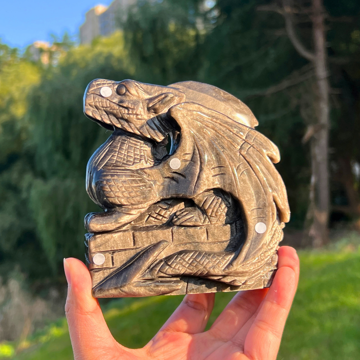 Unique Silver Obsidian Dragon Carving