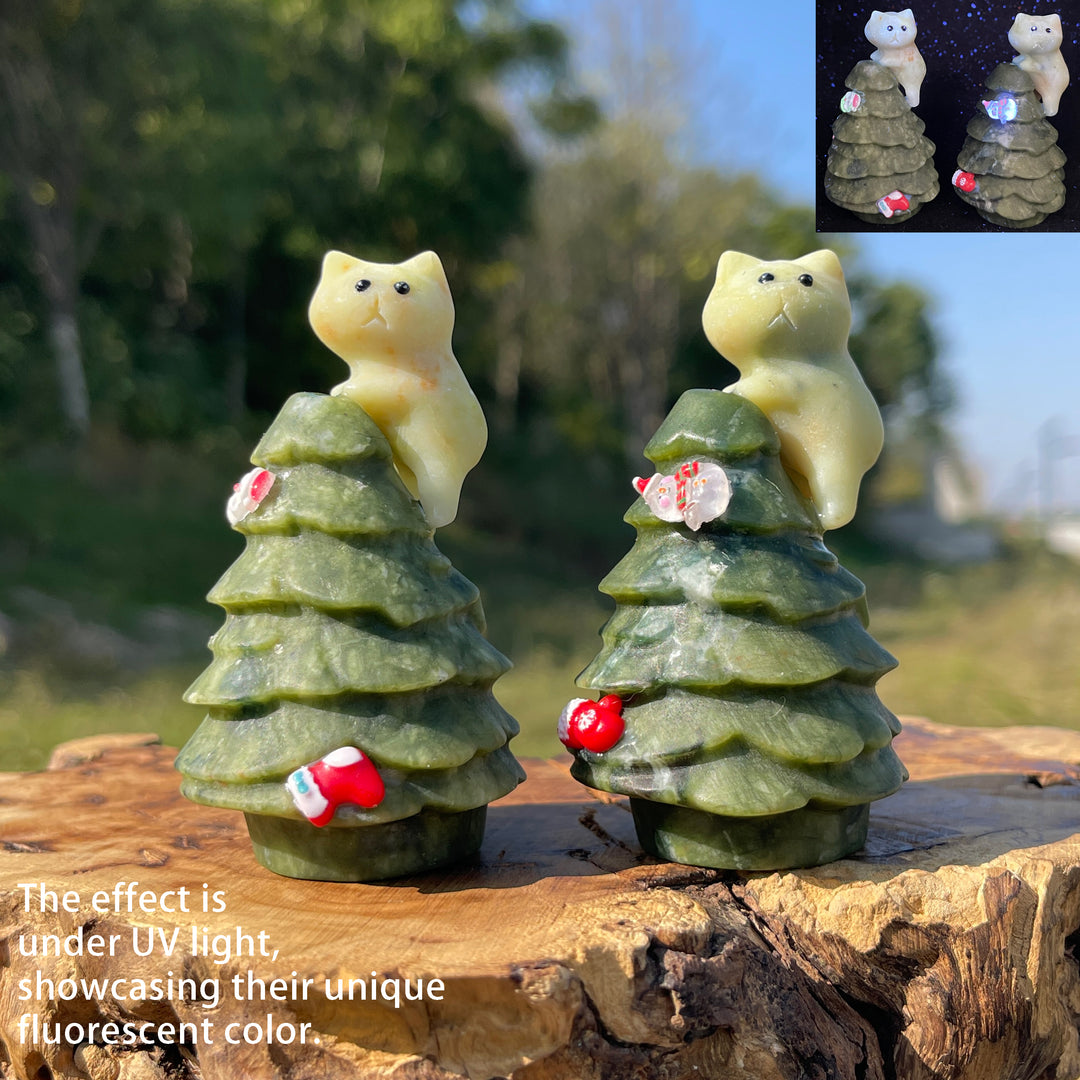 Natural Crystal Carving Cat With Christmas Tree