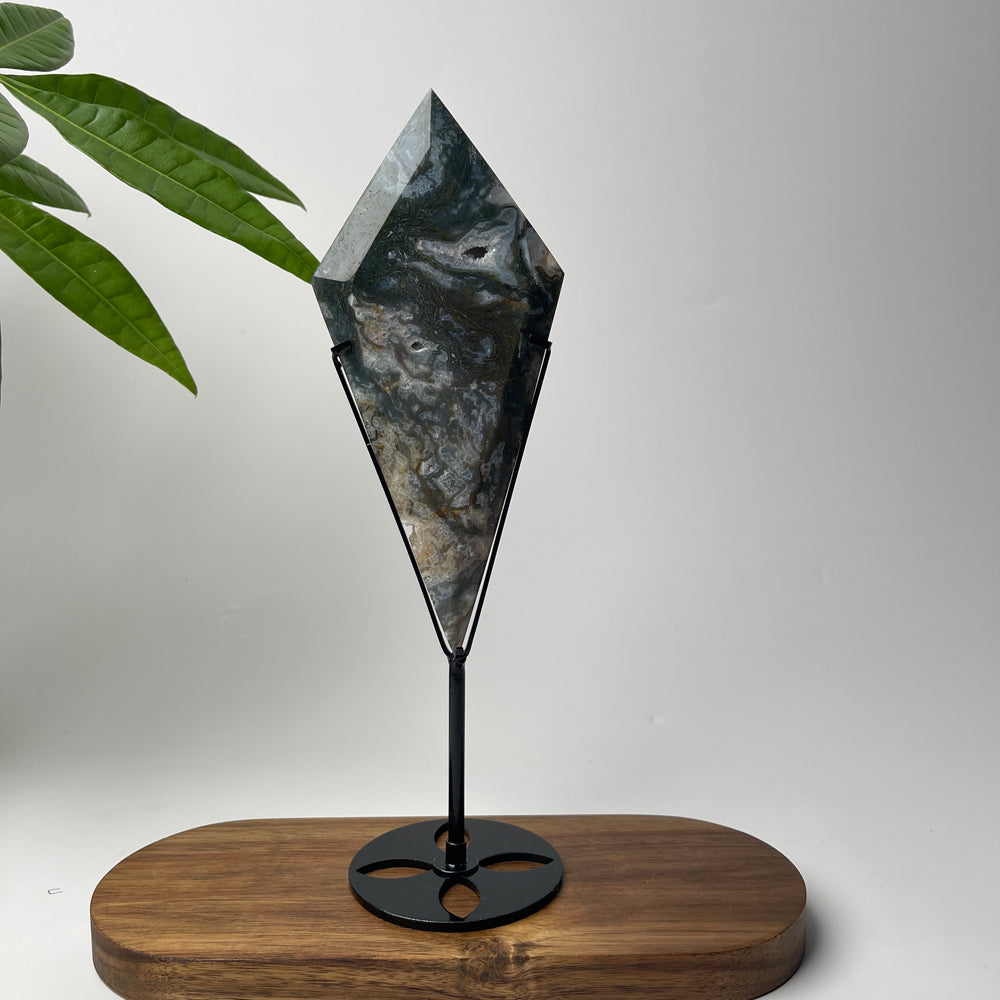 Unique,Natural Crystal Moss Agate Diamond Slice With Stand